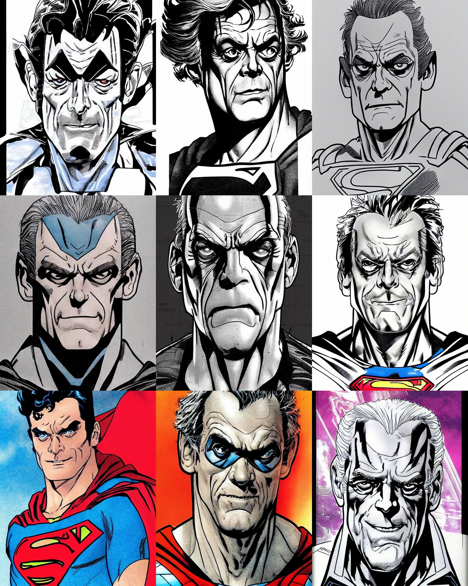 Prompt: christopher lloyd!!! jim lee!!! flat ink sketch by jim lee face close up headshot superman costume in the style of jim lee, x - men superhero comic book character by jim lee