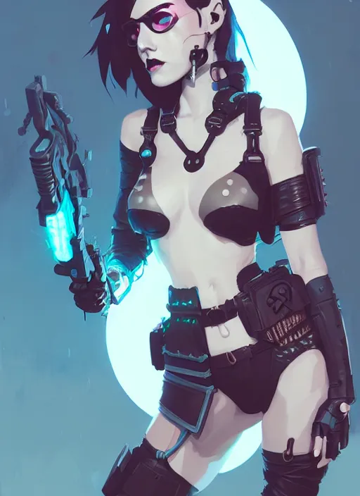 Image similar to portrait of cute goth girl in cyber bikini armor, warhammer, cyberpunk, by atey ghailan, by greg rutkowski, by greg tocchini, by james gilleard, by joe fenton, by kaethe butcher, dynamic lighting, gradient light blue, brown, blonde cream and white color in scheme, grunge aesthetic