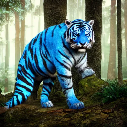 Image similar to fantasy blue tiger with wings in a forest, landscape, realistic, highly detailed, sharp focus, octane render, illustration, trending on Artstation