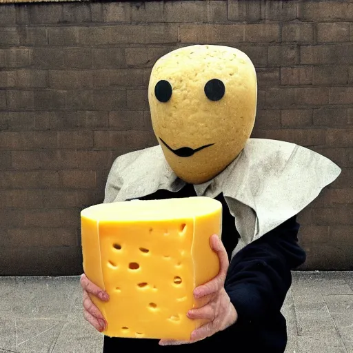 Image similar to anthropomorphic cheese wedge, man with cheese for a head, cheese wedge man. man is similar to a golem of cheese. This man is made COMPLETELY of cheese! Photograph of Cheese. Supercheese man!