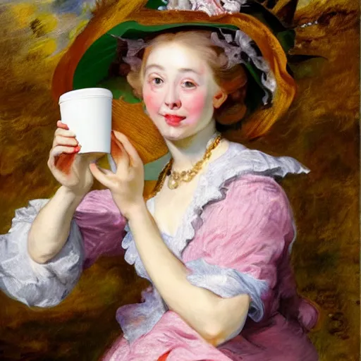 Image similar to heavenly summer sharp land sphere scallop well dressed lady drinking a starbucks coffee cup, auslese, by peter paul rubens and eugene delacroix and karol bak, hyperrealism, digital illustration, fauvist, starbucks coffee cup