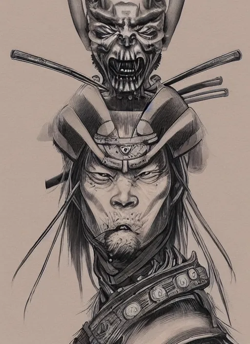 Image similar to a samurai with an extremely scary alien head, by takehiko inoue and kim jung gi and hiroya oku, masterpiece illustration, ultrarealistic, perfect face and anatomy, golden ratio
