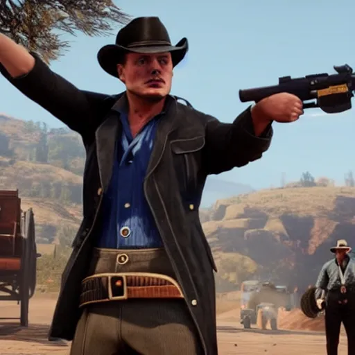 Prompt: Elon musk as Hitler in red dead redemption 2