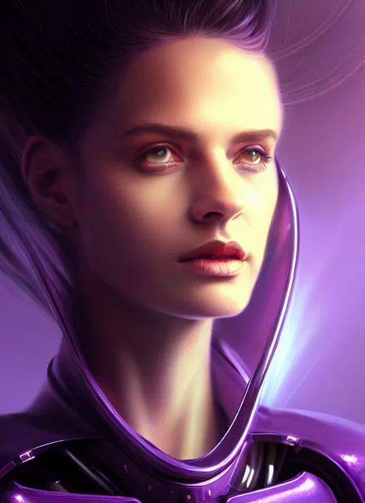 Image similar to top down lighting, close up, stunning portrait of a woman in purple leather sci - fi armor with a long black ponytail, purple eyes, spaceship hallways, intricate, fog, mist, god rays, spotlights, highly detailed, digital painting, artstation, concept art, smooth, sharp focus, illustration, art by wlop, mars ravelo and greg rutkowski