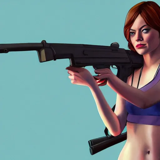 Prompt: emma stone in gta v holding an ak - 4 7, cover art by stephen bliss, artstation, no text