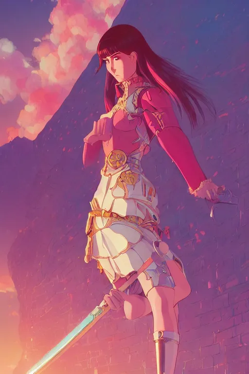 Prompt: medieval fantasy heroine detailed by Studio 4°C yuya nagai Ilya Kuvshinov murata range jean giraud makoto shinkai, kawaii, vibrant bright colors,matte, art deco, high saturation, fantasy, 1980s