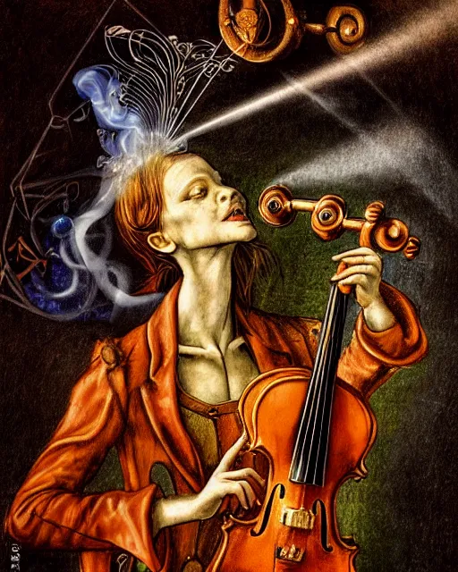 Prompt: a extremely detailed masterpiece of a violin singer in a steampunk, psychedelic symmetric lights and smoke, opening a portal into another dimension, in the style of hieronymus bosch, glowing light and shadow, hyperrealist, 8 k