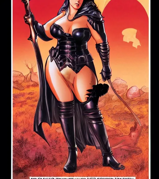 Image similar to 1 9 8 0 s fantasy novel book cover, bbw plus size amazonian scarlett johansson in extremely tight bikini armor wielding a cartoonishly large sword, exaggerated body features, dark and smoky background, low quality print