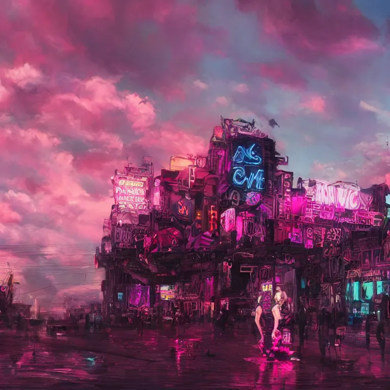 Image similar to oil painting, punk, pretty face, rich deep colors masterpiece, pink, people with mohawks, neon, ultra detailed, contrast, heaven pink, arches, clouds, sky, volumetric light, atmospheric lighting, dramatic, cinematic, steampunk, moody, octane render 4 k, 8 k