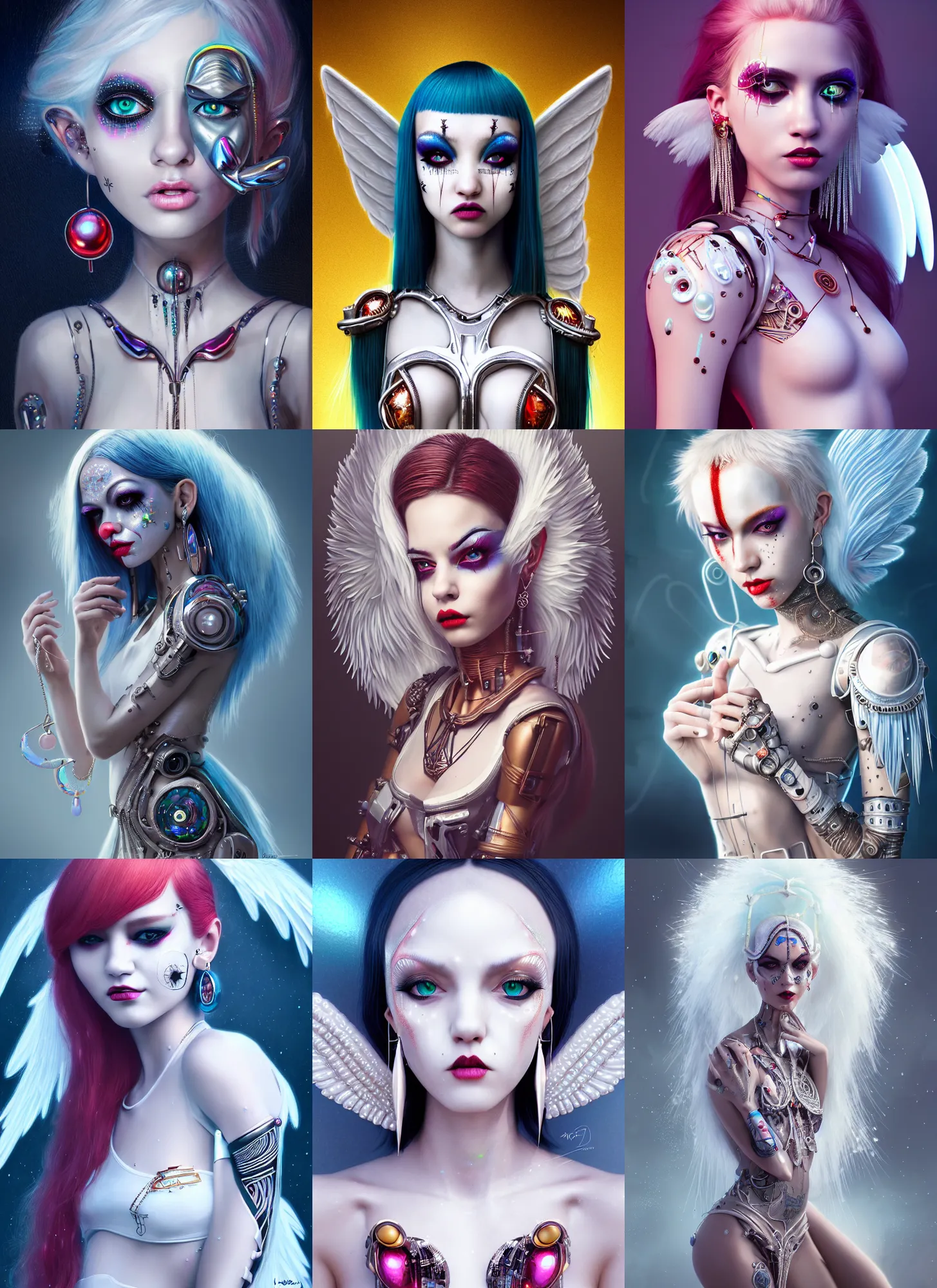 Prompt: disney 8 k photo, beautiful shiny white porcelain rich grand pearlescent tribal emo edc angel clowncore cyborg college woman, earrings, minidress, fibonacci, sci fi, fantasy, cyberpunk, intricate, decadent, highly detailed, digital painting, octane render, artstation, concept art, smooth, sharp focus, illustration, art by loish, wlop