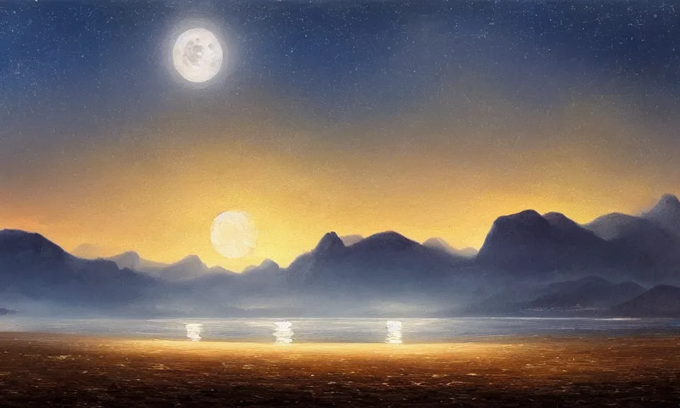 Image similar to the most beautiful panoramic landscape, oil painting, a beach at night lit by the moon, mountains in the distance, clouds, foggy, cinematic lighting, highly detailed, very realistic