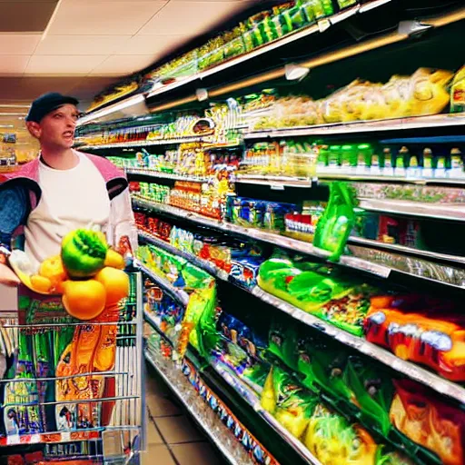 Image similar to mid shot of a roswell alien buying groceries at the store shot by amanda carlson and alex strelkovv, professional photo, masterpiece, very detailed, 4 k