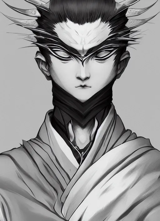 Image similar to a highly detailed illustration of fierce short white haired young japanese man wearing hakama, black sclera eyes, dramatic serious pose, intricate, elegant, highly detailed, centered, digital painting, artstation, concept art, smooth, sharp focus, league of legends concept art, wlop