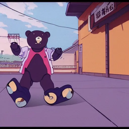 Image similar to happybears!, humanoid bears, bear costumes, happy faces, evil happy faces, rollerblading, rollerskates, four humanoid bears, 2 0 0 1 anime, flcl, golden hour, japanese town, cel - shaded, strong shadows, vivid hues, y 2 k aesthetic