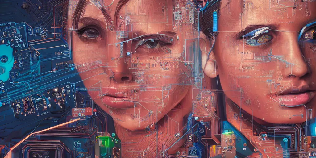 Image similar to portrait of computer & circuits, 8 k, by tristan eaton, trending on deviantart, face enhance, hyper detailed, minimalist, super detailed, cinematic, unreal engine, octane render, chalk texture on canvas