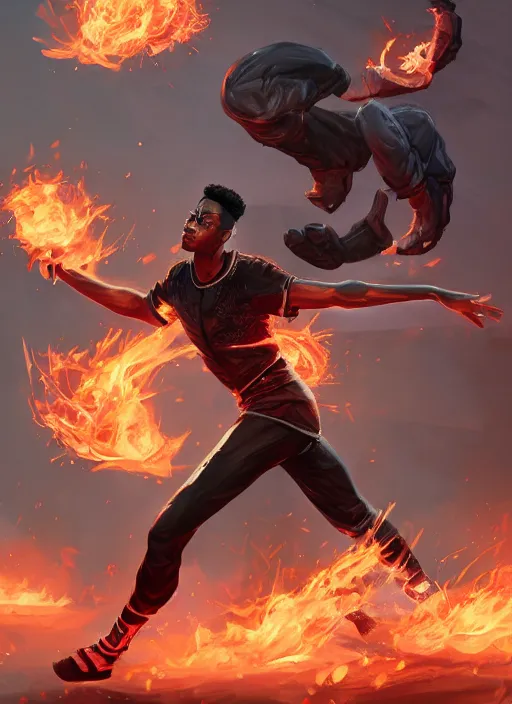 Prompt: a highly detailed illustration of black guy with tall box fade hair wearing tracksuit with flaming hands and feet, heroic flying pose, intricate, elegant, highly detailed, centered, digital painting, artstation, concept art, smooth, sharp focus, league of legends concept art, wlop