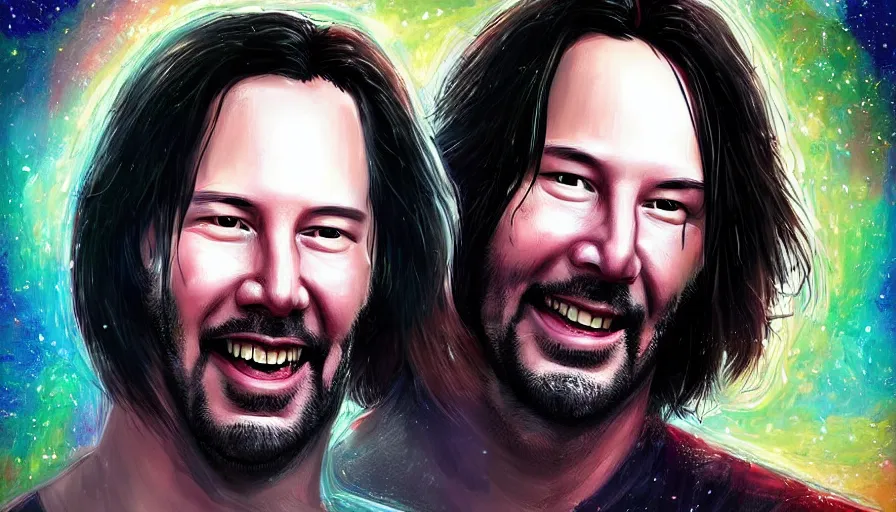 Image similar to a terrified looking Keanu reeves floating in space with a big smile, digital art, artstation, artgem