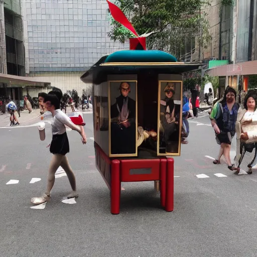 Image similar to a self - walking sedan chair with human legs