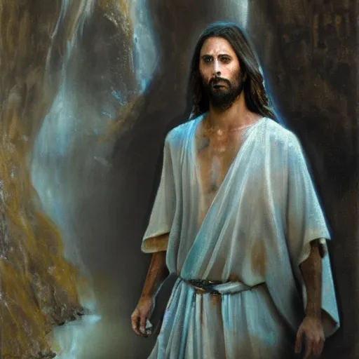 Image similar to painting of Jesus wading through a murky pool in a dark cave, surrounded by a vivid silver light, flowing royal robes with goly inlay, blood dripping from his hair, stern expression with a chiseled jaw and fiery eyes, by Jeremy Mann, stylized, detailed, realistic, loose brush strokes, intricate, cold