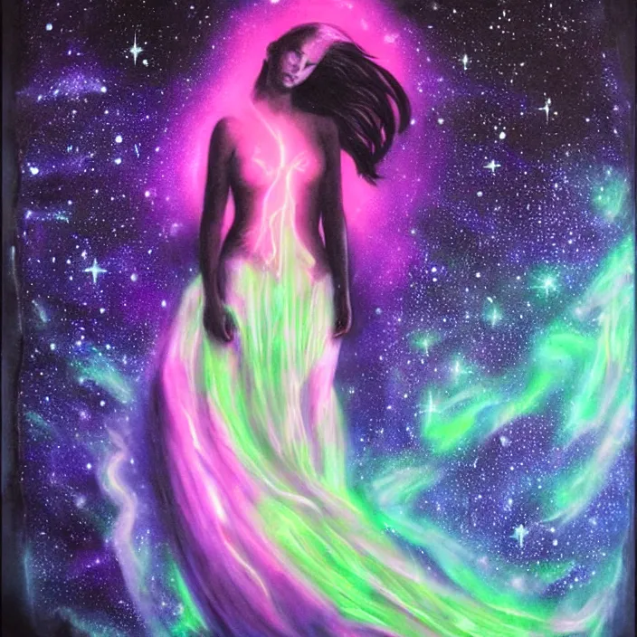 Image similar to the rise of the divine feminine energy, dark negative space, bioluminescent light surrounding the energy, aurora in the universe, cosmos, divine power energy, light force, hyper - realistic, highly detailed, mystical, sharp focus, realistic, sci - fi, the awakening of the divine energy