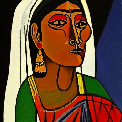 Prompt: oil painting portrait of an indian woman sitting in deep thought, picasso style