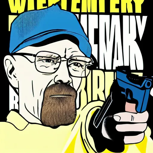 Image similar to Walter white holding a gun to jesse pinkmans head, poster, dramatic