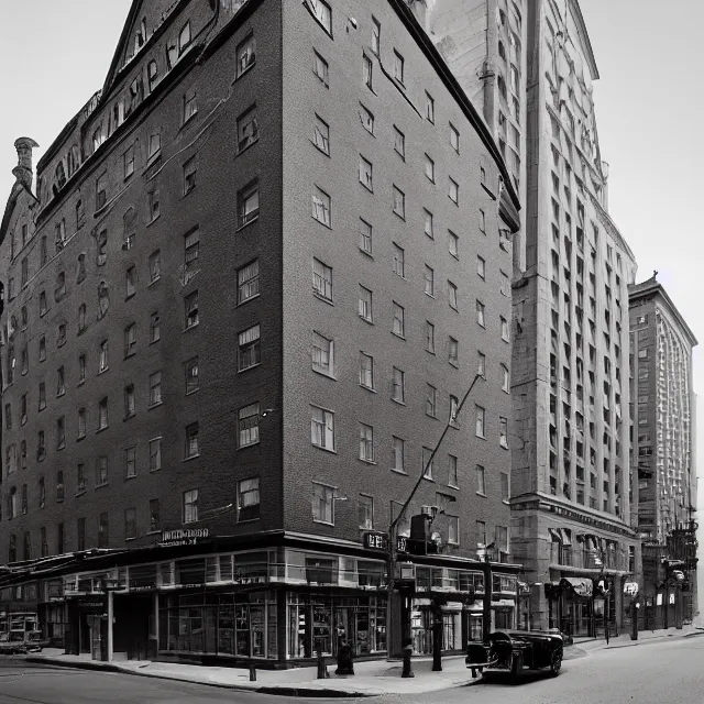 Prompt: a gothic 1 9 2 0 s 1 0 - storey hotel in downtown boston overlooking a dark street