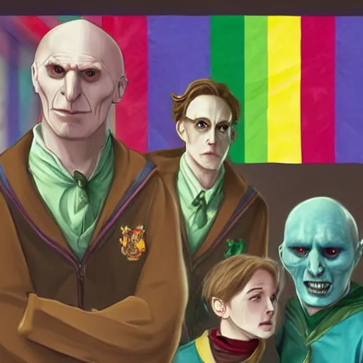 Image similar to ! dream harry potter with voldemort, pride flag in background, full picture