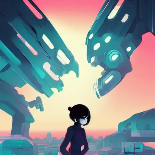 Image similar to a menacing android monster looming over a cowering female, clean cel shaded vector art. shutterstock. behance hd by lois van baarle, artgerm, helen huang, by makoto shinkai and ilya kuvshinov, rossdraws, illustration,