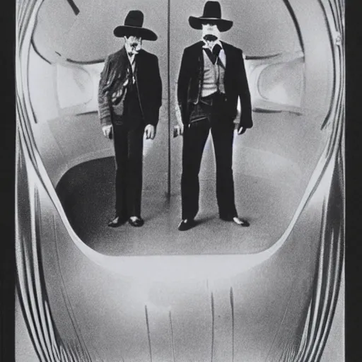 Prompt: picture of wyatt earp and doc holliday standing on the deck of a futuristic spacecraft, high detail, ultra realistic, high fidelity