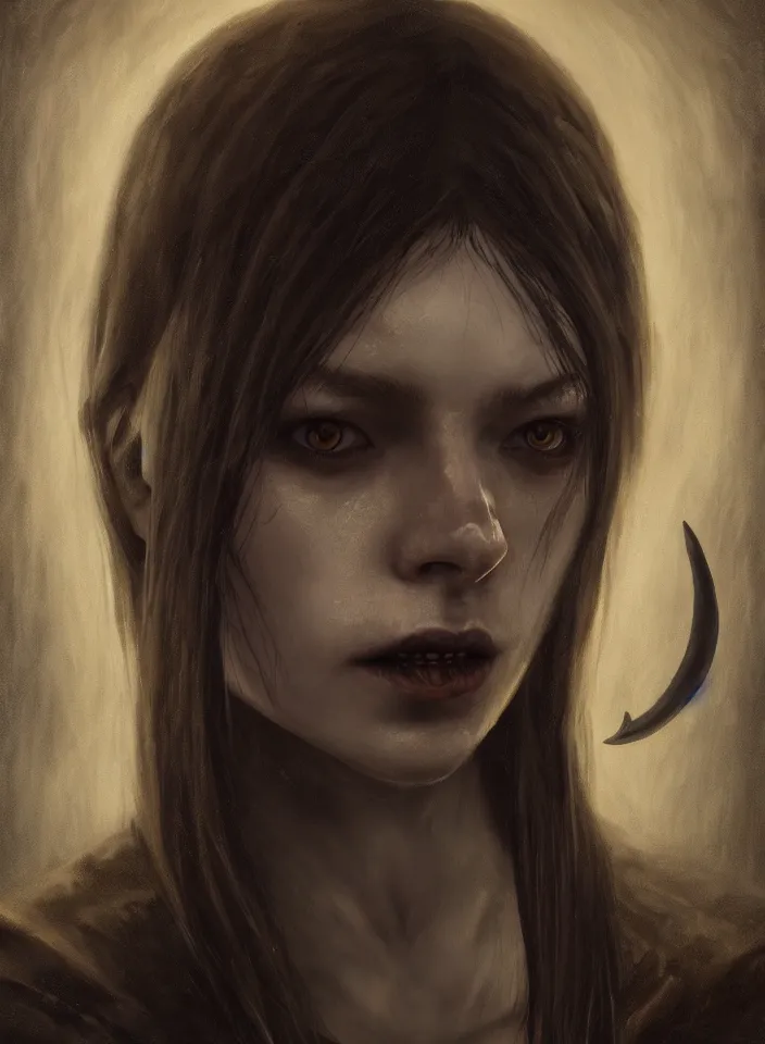 Image similar to a face portrait of a young female vampire from skyrim, fantasy setting, beautiful face, dark colors, scary lighting, atmospheric, cinematic, moody, in the style of diego koi, gina heyer, luiz escanuela, art by alyssa monk, hyperrealism, rule of thirds, golden ratio, oil on canvas, 8 k