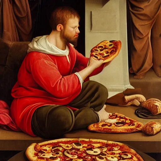 Image similar to a renaissance painting of a man eating pizza on the couch in his pajamas