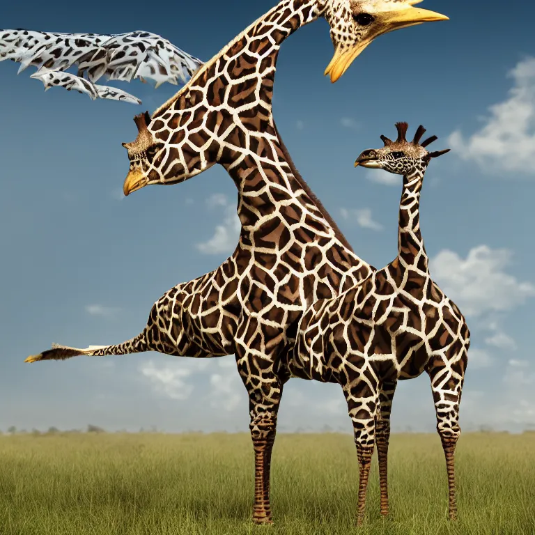 Prompt: a bird giraffe with long spiked wings, jaguar legs and a latex costume , cinematic lighting, photorealistic image, 8k, ultra detailed, high resolution,