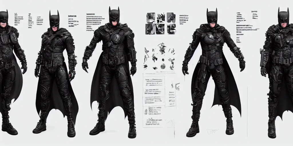 Prompt: cyberpunk batman, character sheet, concept design, contrast, hot toys, kim jung gi, greg rutkowski, zabrocki, karlkka, jayison devadas, trending on artstation, 8 k, ultra wide angle, pincushion lens effect