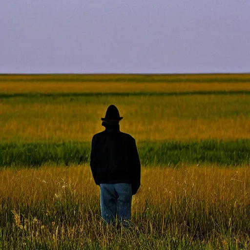 Prompt: a lonely man in a vast prairie chooses blades of grass, evocative mood, filmic