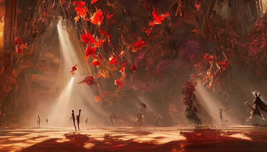 Image similar to victoria secret runway show, light, shadows, reflections, flowers, epic composition, intricate, elegant, volumetric lighting, digital painting, highly detailed, artstation, sharp focus, illustration, concept art, ruan jia, james jean, steve mccurry, raymond swanland, peter andrew jones, greg rutkowski, concept art, iconic