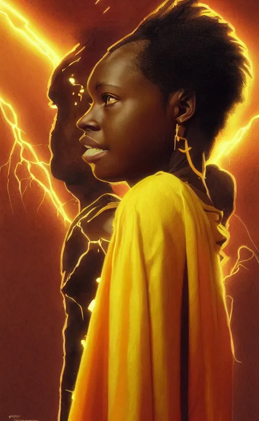 Image similar to upper half portrait of an african in yellow cape - inside the clouds - surrounded by bolts of lightning - rays of light emanating from clouds - in drew struzan movie poster style, art by drew struzan & hsiao - ron cheng, highly detailed, digital painting, ray tracing, illustration, smooth, sharp focus, intricate, symmetry, artstation,