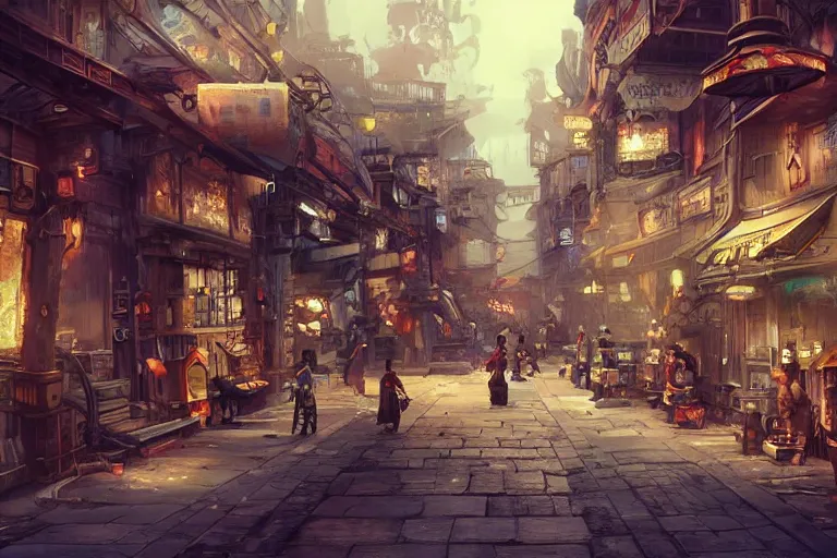 Image similar to asian steampunk street concept art artstation cinematic,