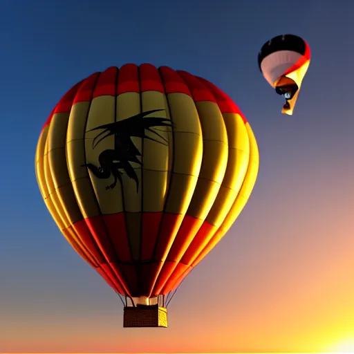 Image similar to 3D render of a medieval flying dragon attacking a hot air balloon during sunset, extremely detailed, 4K