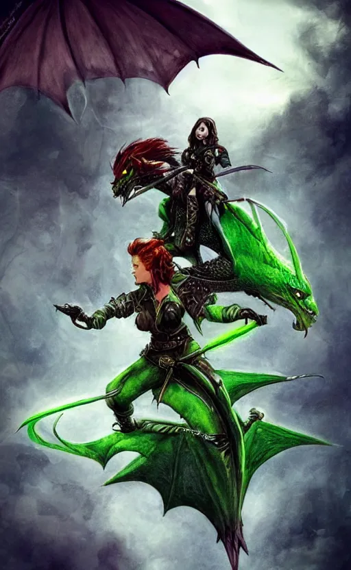 Image similar to epic fantasy dungeons and dragons scene, female halfling rogue, riding on top of a green dragon, green dragon, waterdeep, black hair, rogue, fantasy, red leather corset, cinematic, beautiful lighting, heroic, digital art