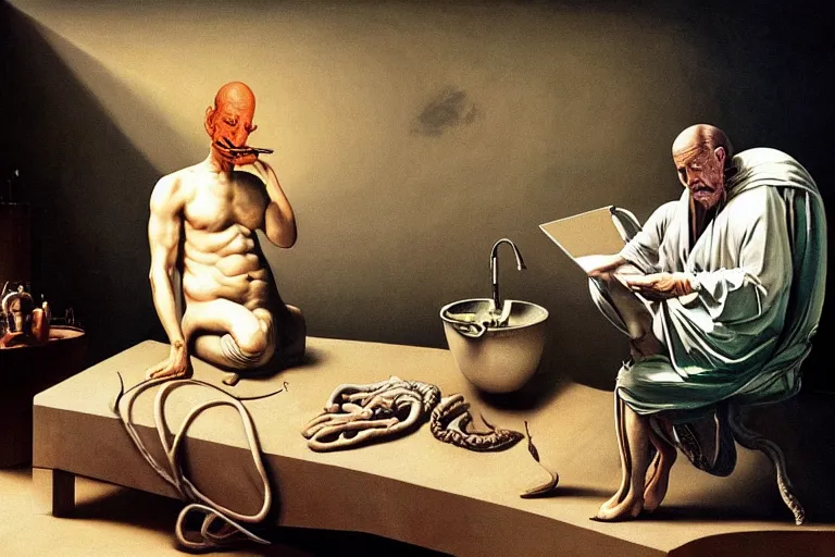 Image similar to hyperrealism aesthetic ridley scott and caravaggio and denis villeneuve style photography of a detailed giant squidward, siting on a detailed ultra huge toilet and scrolling his smartphone in surreal scene from detailed art house movie in style of alejandro jodorowsky and wes anderson