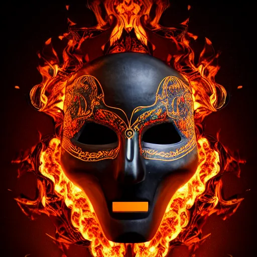 Image similar to an elaborate intricate mask made of flames on an obsidian slab, rendered in octane, behance hd, bokeh obsidian backdrop