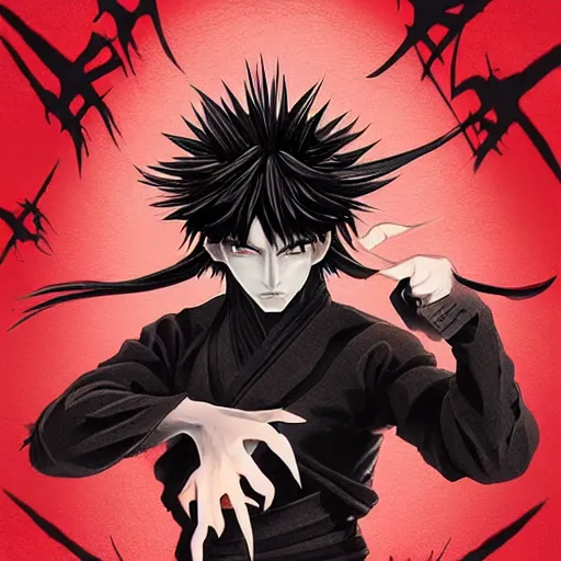 Image similar to demon martial artist, handsome japanese demon boy, young adult yokai with long spiky black hair, vampire, vantablack gi, simple clothes, red eyes, ultra realistic, intricate details, highly detailed, subsurface scattering, photorealistic, octane render, 8 k, art by artgerm, greg rutkowski, magali villeneuve, alphonse mucha