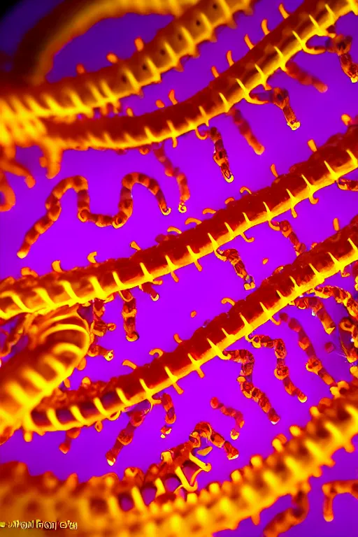 Image similar to high quality close-up photo translucent biomechanic centipede! gorgeous highly detailed hannah yata elson peter cinematic yellow and purple lighting high quality low angle hd 8k sharp shallow depth of field