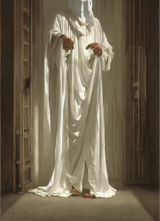 Image similar to an oil painting of a tall person in flowing white robes wearing a white venetian carnival mask standing in a gloomy dark room with hazy sunlight streaming through the window, in the style of john singer sargent, greg rutkowski, maxfield parrish and alphonse mucha