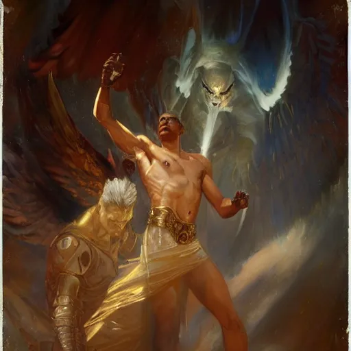 Image similar to attractive male deity casts dark spell, summons attractive male lucifer morningstar. highly detailed painting by gaston bussiere, craig mullins, j. c. leyendecker 8 k