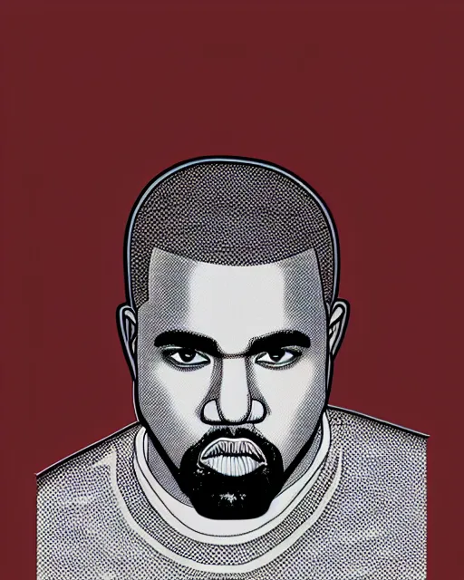 Prompt: Manga black-and-white cross hatching comic book illustration of Kanye West on red background