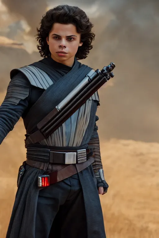 Image similar to jake t. austin as a sith in star wars the rise of skywalker, 3 5 mm photography, highly detailed, cinematic lighting, standing pose, holding lightsaber 4 k