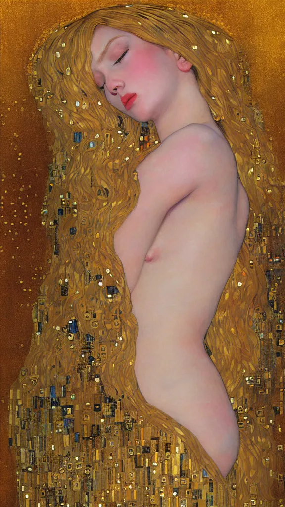 Image similar to a soft and breathtaking detailed painting of a full body sleeping blonde princess in the style of Gustav Klimt, blonde hair, shiny gold, elegant, highly detailed, artstation, fluo colors, concept art, matte, sharp focus, art by Gustav Klimt