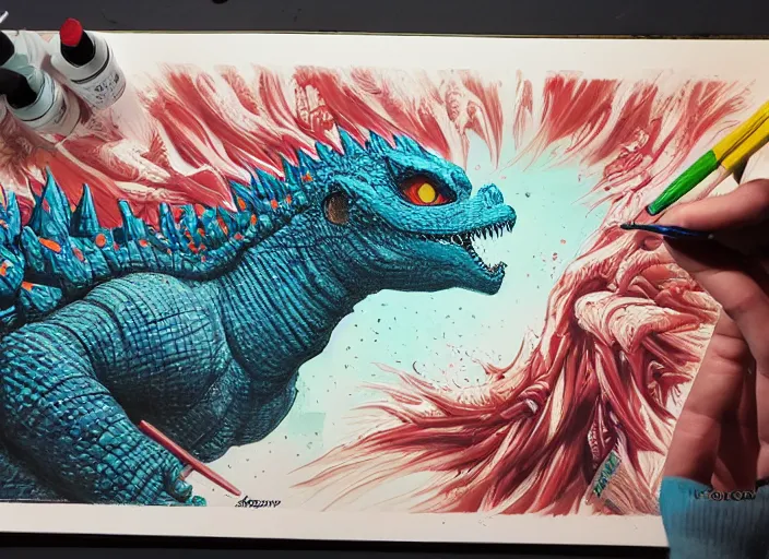 Prompt: godzilla vs. gumby painting, tristan eaton, victo ngai, artgerm, rhads, ross draws